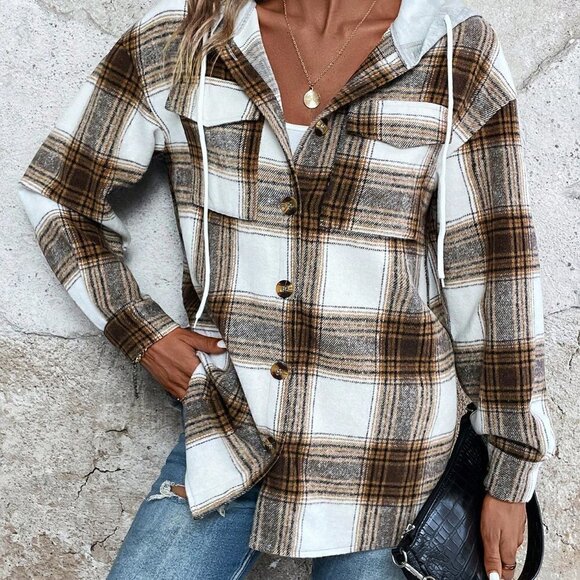 Brown Casual Womens Plaid Print Drop Shoulder Drawstring Hooded Coat - Picture 5 of 5